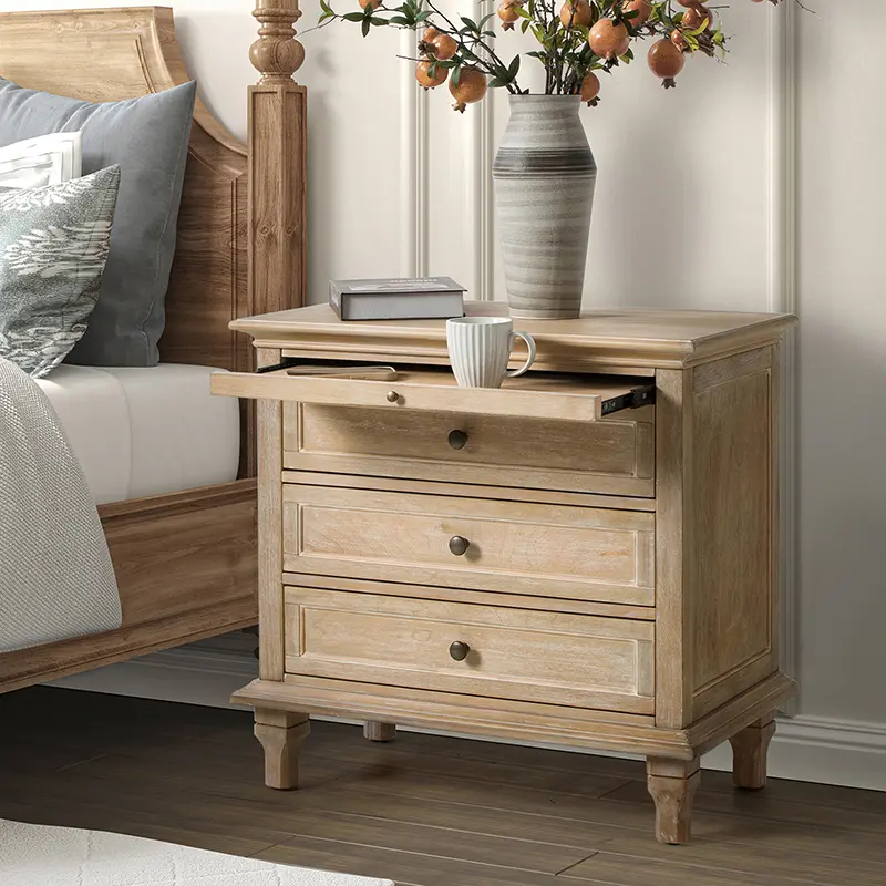 Hulala Lionel 3-Drawer Farmhouse Nightstand with Charging Station