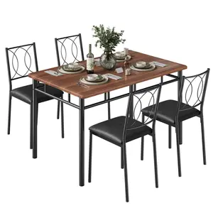 5-Piece Dining Table Set for 4, Farmhouse Wood & Steel Table with Upholstered Chairs, Compact Kitchen Furniture, Easy to Clean, Ideal for Small Apartments & Breakfast, Walnut