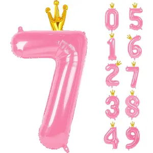 40 Inch Pink Number Balloon 0-9(Zero-Nine) with Crown, Big Size Happy Birthday Balloon, Foil Helium Big Number Balloon for Birthday Party,Wedding, Anniversary (PINK 7)