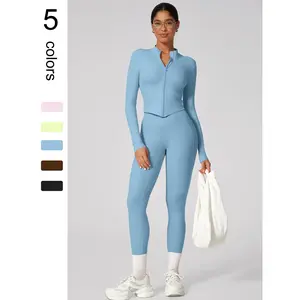 Two-Piece Set Women's Solid Zip Up Jacket & High Waist Leggings Tracksuit Set, Sporty Breathable Comfy Outfits for Yoga Gym Workout Running, Ladies Sportswear for All Seasons