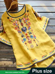 Plus Size Women's Ethnic Style Embroidered Shirt Blouse, Casual Long Sleeve Button Front Top, Fall & Winter Fashion, Comfortable Fit