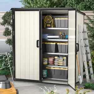 【2 Packages ship separately】Aoxun Outdoor Storage Shed 5 x 3FT, Resin Shed with Floor and Lockable Door, Plastic Shed for Bike, Garbage Can, Tool, Accessories, Lawn, Garden - Beige