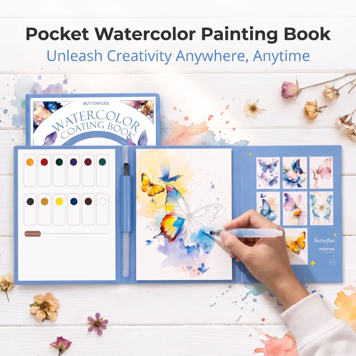 Compact Pocket Watercolor Painting Kit for Travel Artists | With Water Brush Pen & Tri-Fold Watercolor Paper Book, Portable DIY Art Coloring Supplies for Kids Adults Beginners
