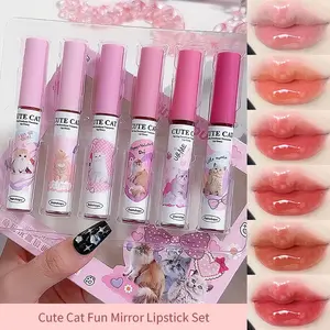 Cute Cat Fun Mirror Lipstick Set 6-Piece Mirror Glass Lip Glaze Water-Light Jelly Gloss Korean Tint Moisturizing Makeup for Girls Women