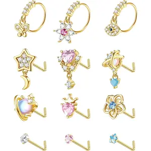 MILACOLATO Women's 12-Piece 20G Body Jewelry Set - L-Shaped Stainless Steel Nose Rings, Studs and Hoops with Geometric, Butterfly, Heart, Moon, Flower, Evil Eye, Crown CZ Dangling Piercings