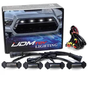 iJDMTOY 4pc Set Smoked Lens Front Grille Lighting Kit For 2016-2023 Toyota Tacoma w/TRD Pro Grill ONLY, Includes (4) 4-SMD 6000K White LED Light Assy & Wiring Harness