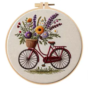 Beginner Embroidery Kit, Elegant Cross Stitch Set, Bicycle Flower Pattern, DIY Embroidery Supplies, Hand Stitched, Includes Printed Cotton Fabric