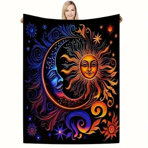 Mystical Sun Moon Star Flannel Blanket Cozy Soft Throw for Bedroom Decor Celestial Comfort Ultra Soft Flannel Boho Astrology Design