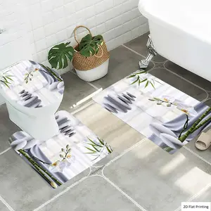 1/3Pcs Zen style Orchids Bamboo and Stacked Stones Bathroom Mat Set, Flannel Non Slip Bath Rug, Toilet U-Shape Mat, Toilet Lid Cover, Thickened Soft Absorb Water, Microfiber Surface Memory Foam Cushion, Home Ba