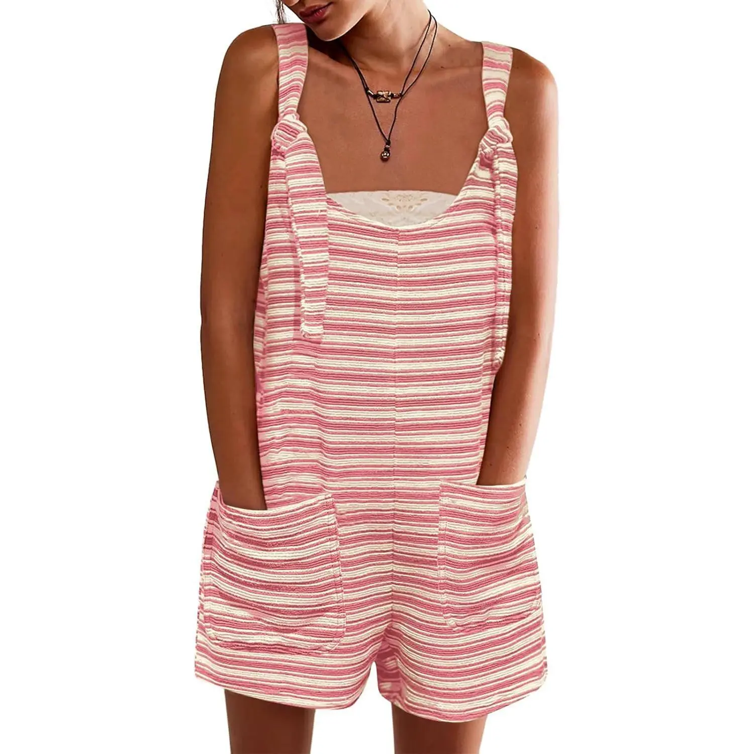 Imily Bela Womens Summer Casual Sleeveless Romper Loose Striped Tied Shorts Overalls Jumpsuit with Pockets 2025 Clothes