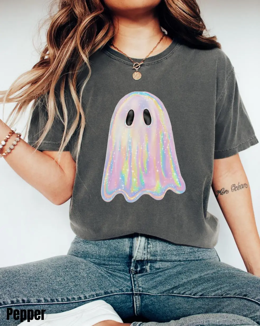 Shimmering Ghost Shirt, Iridescent Ghost Tee, Pastel Halloween T-Shirt, Comfort Colors Glittery Spooky Season Tee, Gift For Him