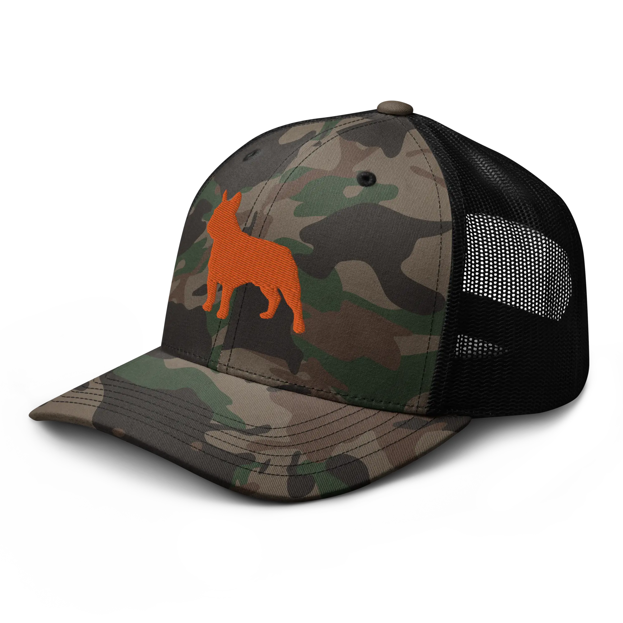 RIVEMUG NG Camo French Bulldog Embroidered Curved Bill Camouflage Trucker Hat Low Crown Adjustable Frenchie Bulldog Cap