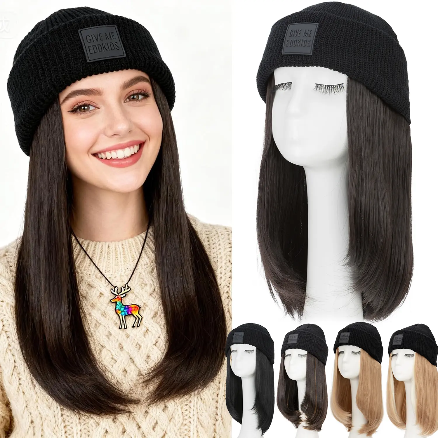 Striped Knitted Beanie with 18 Inch Long Straight or Wavy Synthetic Fiber Wig for Women, Warm Double-Layer Winter Hat, High Quality Wigs, Synthetic Soft Hair, Natural Looking Wig