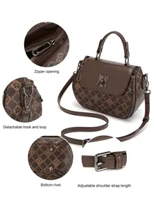 Retro Letter-Print Shoulder Bag, Color-Blocked Crossbody Handbag, Synthetic Leather, Adjustable Strap, Zip Closure, Perfect for Any Occasion