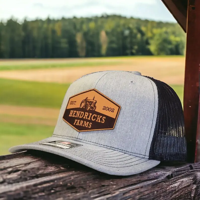 Custom Farm Hat, Tractor Hat with Farm Name, Trucker Hat, Ranch Hat with Est Date, Farmers Gift, Ranch Brand, Hat for Dad, Leather Patch Hat