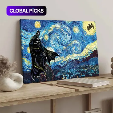 Van Gogh Starry Sky Pattern Canvas Painting with Frame, Modern Colorful Art, Bat Character Poster, Wall Art Decor for Home Living Room, Bedroom and Office, Artwork #GLOBAL PICKS