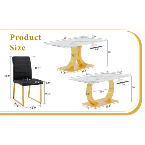 Bellemave  Marble patterned tempered glass dining chair set (gold decoration): 63 inch dining table+4 modern minimalist style dining chairs