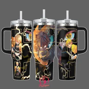 Zenitsu Agatsuma Demon Slayer Thunder Breathing Stainless Steel Insulated Travel Tumbler With Handle 20oz 40oz Anime Lightning Wrap Design Skinny Tumbler