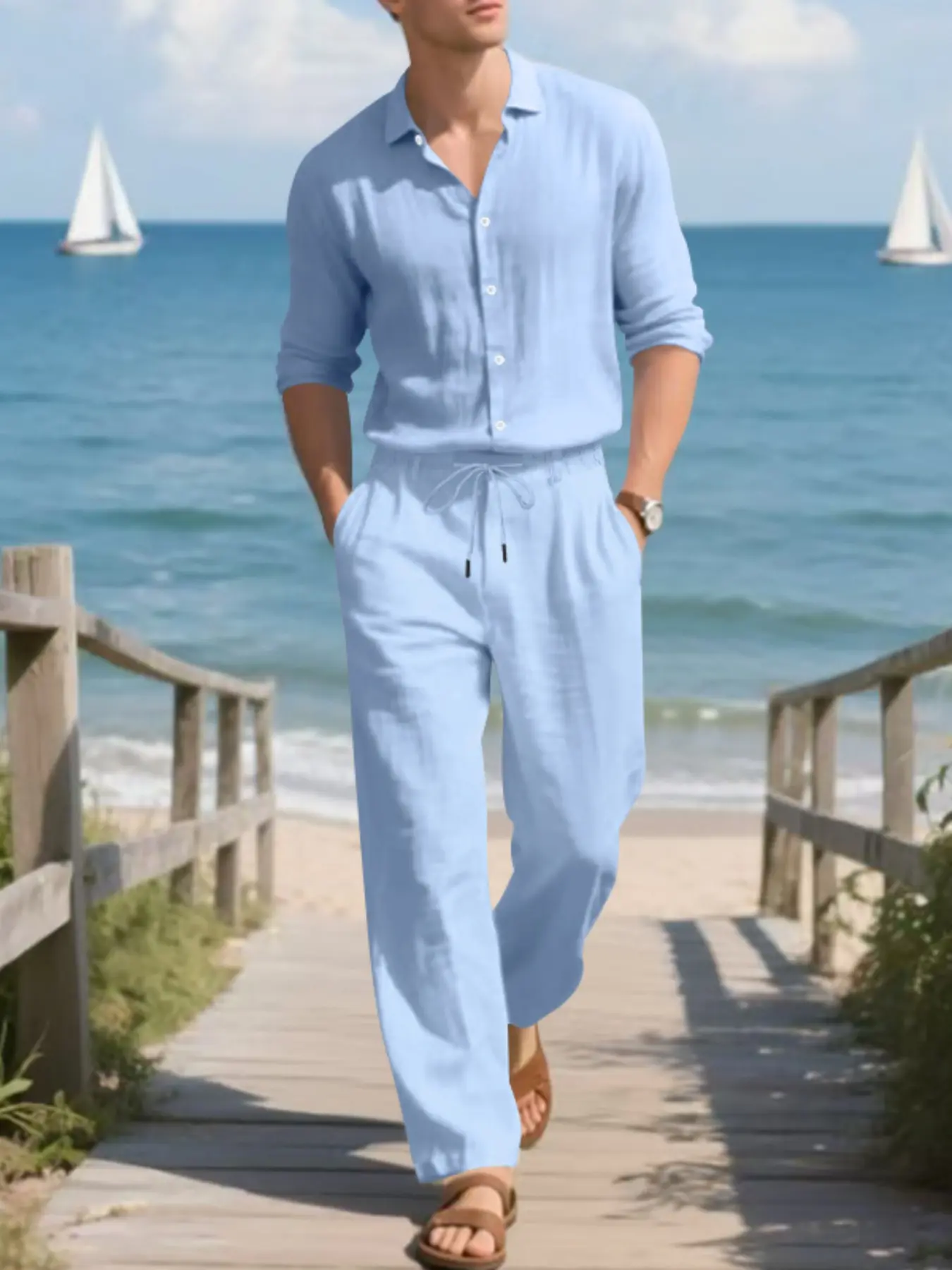 Plus Size Men's Casual Linen Matching Set, Multi Colors Available, Long Sleeve Top And Elastic Waist Pants 2 Piece Cozy Outfit For All Occasions All Body Types