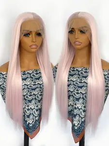 Aodbar hairs Light Pink Long Straight Lace Synthetic Wig with Pre Pluckded Edage HD Transparent Lace Frontal Wig Free Part Wig Glueless Pastel Pink Wig for Beginner  High Tempareturen Fiber Hair