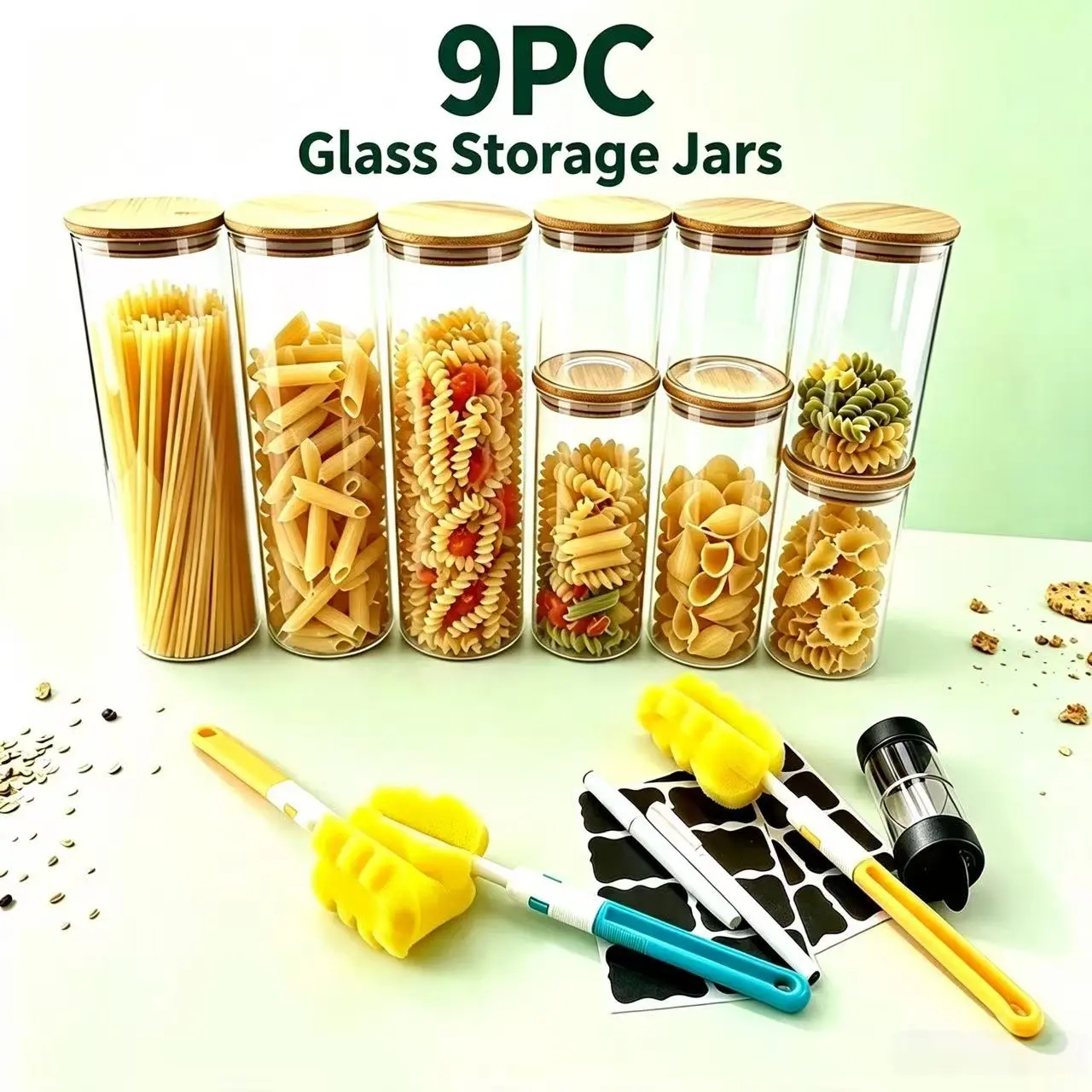 9pc Food-Grade Classic Glass Storage Jars Set with Bamboo Lids, Airtight Seal Containers, Stackable Kitchen Pantry Organizers, Cleaning Brushes & Labels for Pasta, Coffee Beans (Kitchenware Utensils), Classic Jars