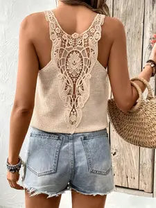 Women's Boho Chic Lace Back Waffle Knit Tank Top, Casual Sleeveless Scoop Neck Camisole, Loose Fit Summer Bohemian Cami with Crochet Detail
