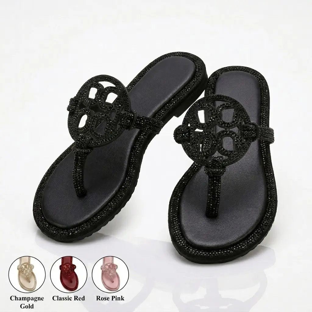 T-Strap Sandals for Women with Crystal Medallion, Bedazzled Flat Summer Footwear for a Beach Aesthetic, Beach Aesthetic Women's Flip Flops, Bedazzled Diamond Accent Women's Flip Flops