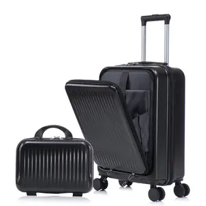 2 Piece Spinner Luggage Set, ABS Hardshell Front Opening Suitcase Set with Combination Lock and Cosmetic Case,14"/20" Black