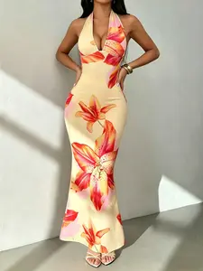 Women's Summer Knitted Floral Deep V Neck Halter Dress, Bodycon Fit Dress, Elegant Dating, Stylish Evening Wear, Perfect for Special Occasions
