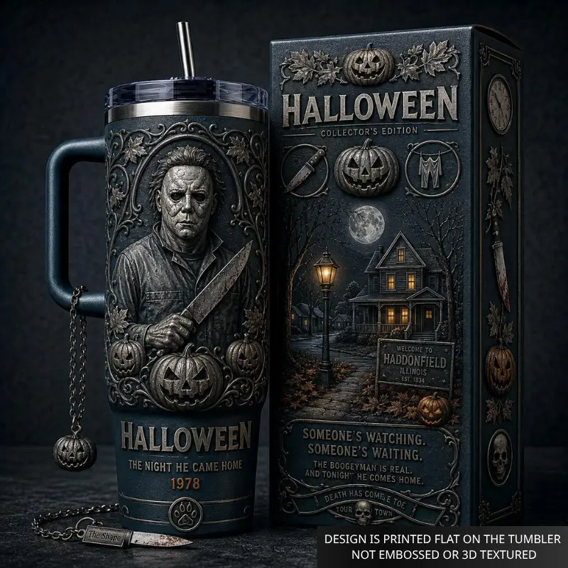 Michael Myers Halloween 40oz Stainless Steel Tumbler with Handle and Straw, Double-Wall Insulated Horror Travel Mug with Gift Box, Reusable Coffee Cup, Horror Fan Gift