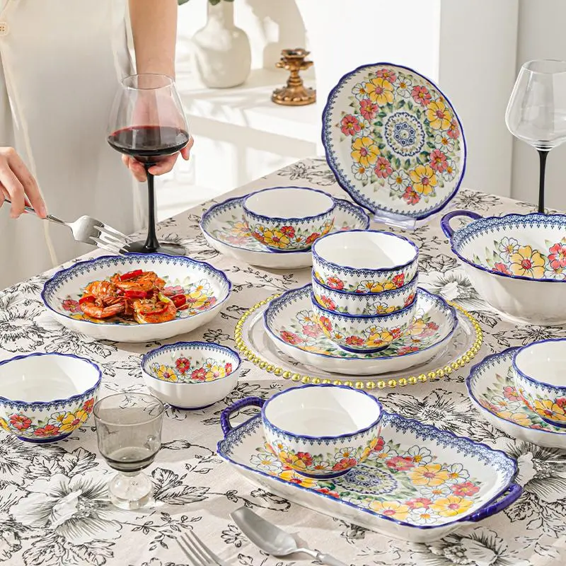 Creative Vintage Ceramic Dinnerware Set, Ceramic Dish Set, Tableware Sets, Dishware Set, Dishes Set, 8/12/16 Piece, Ideal for Home Use, Restaurants, Parties, Holds Vegetables, Fruits, Salads, Pasta, Steak