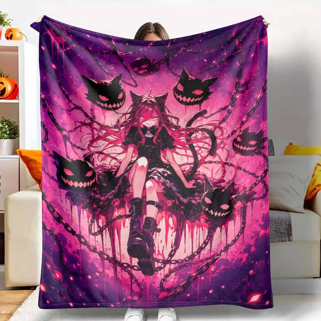 Anime Cat Girl Flannel Throw Blanket Dark Gothic Style Print Ultra Soft Cozy Plush Lightweight Breathable Material Ideal For Bedroom Living Room Bed Sofa Travel Office Nap Gift For Friends And Anime Lovers