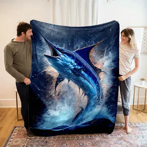 Marlin in Stormy Sea Flannel Throw Blanket - Reversible, All-Season Plush Polyester Non-Woven Digital Print Bedding, Soft and Durable, 200-250g Contemporary Cartoon Style, Perfect Gift for Family and Friends