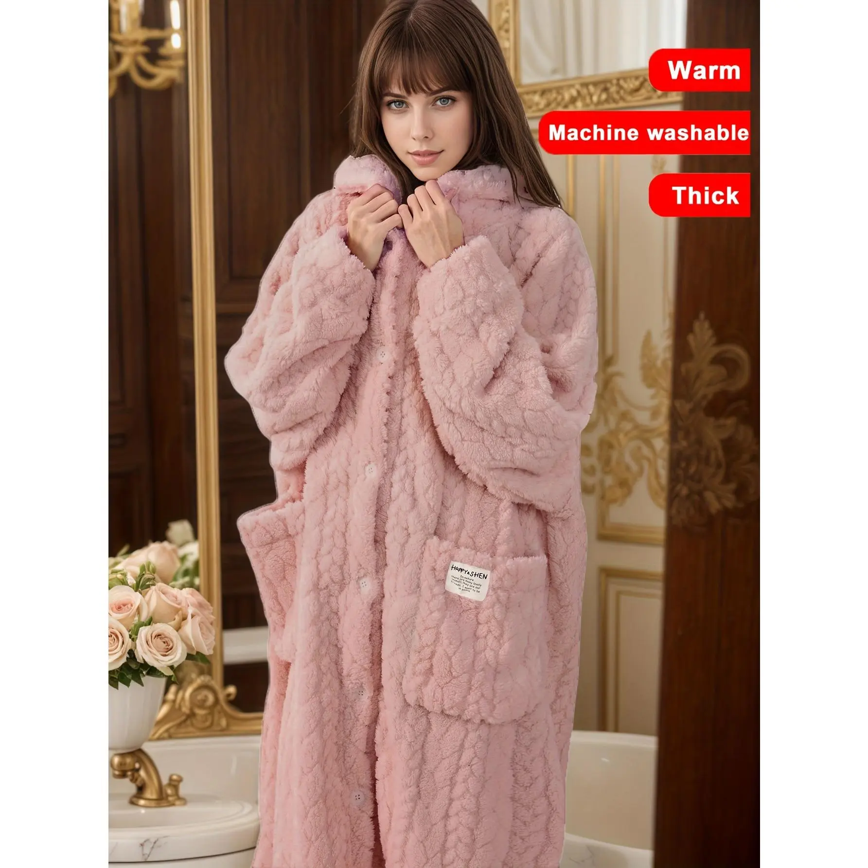 Autumn And Winter Flannel Women'S Loose Plus-Size Robe - Home Sleepwear, Thick And Warm, Comfortable And Soft, Button- Front, Long Sleeves - Hooded - with Two Large Pockets, Extended Nightgown Home Robe, Bathroom Bathrobe, Lazy Person'S Robe