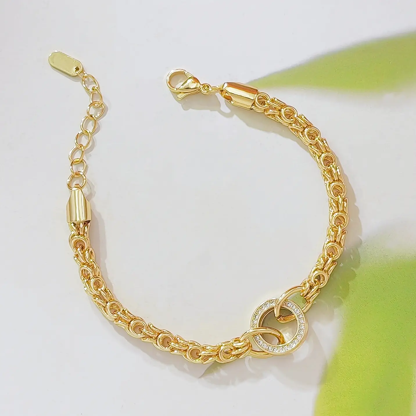 14K Gold Plated Byzantine Chain Bracelet, Interlocking Double Circle CZ Charm Wrist Bracelet, Adjustable Extender Chain Stainless Steel Stackable Jewelry for Women