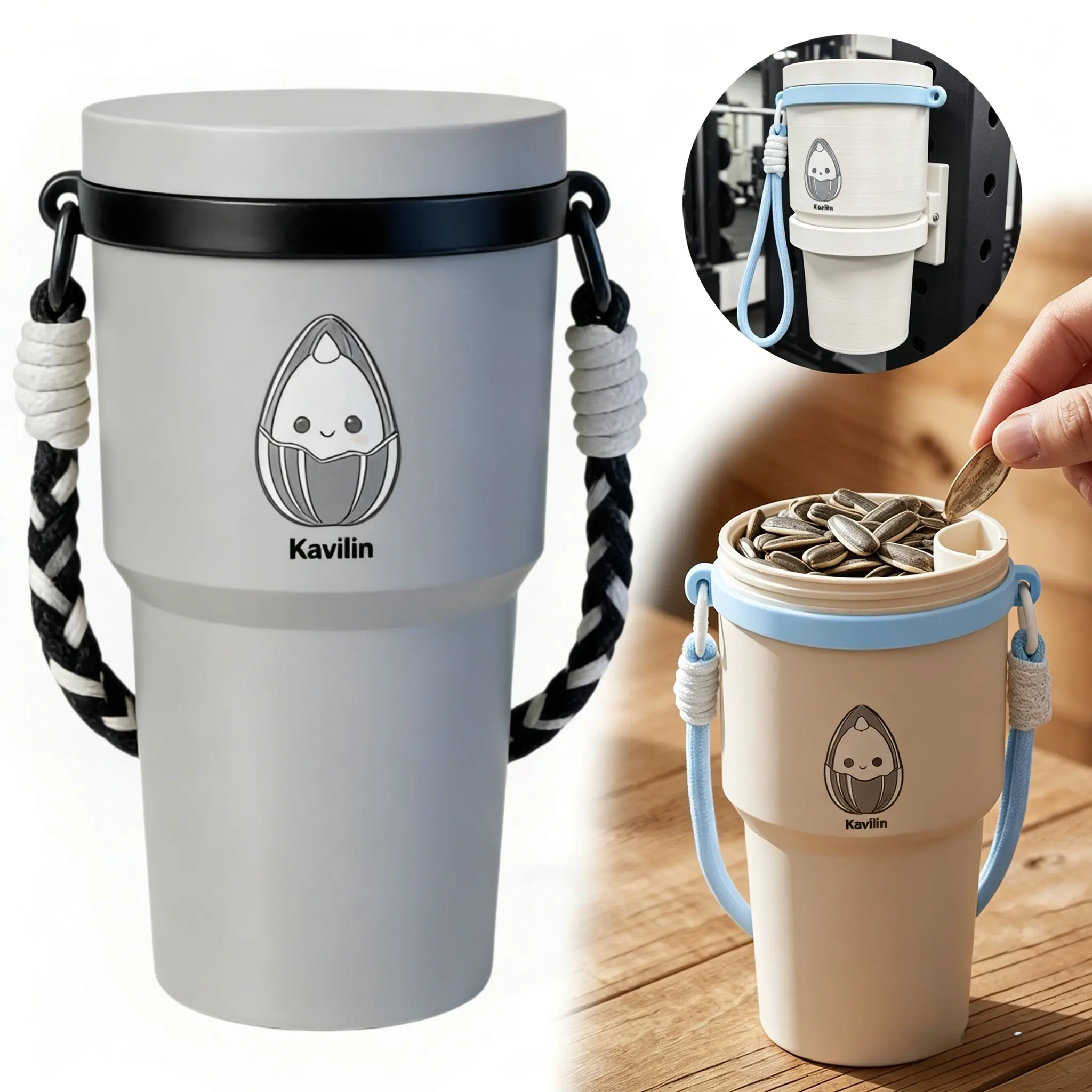 Gray Reusable Silicone 2-in-1 Sunflower & Pumpkin Seed Spit Cup with Lid, Foldable Detachable Magnetic Holder, Seed-Shell Separation, 1-Hand Operation, Leakproof, Easy Disposal, Loop, Portable Dishwasher-Safe Home Organizer for Car, Outdoors