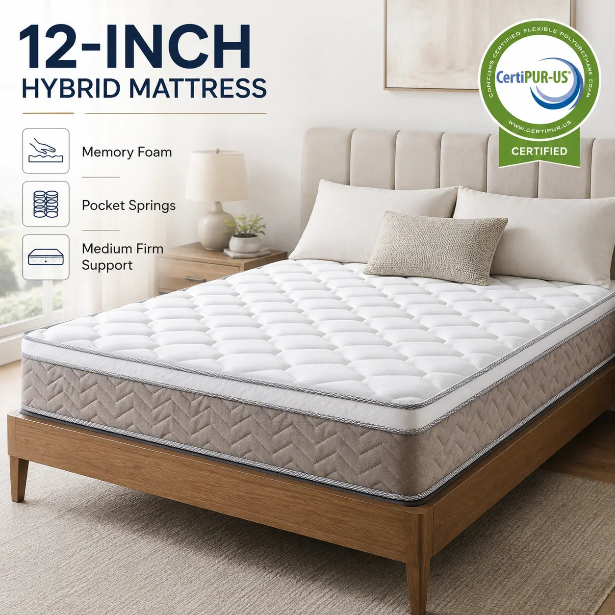 12 Inch Mattress CertiPUR US Certified Hybrid Memory Foam and Pocket Spring Mattresses Queen Size Bed in a Box with Individually Wrapped Coils for Pressure Relief Motion Isolation Sleep Cool