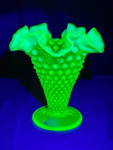 Uranium- Fenton- Hobnail- Ruffled Flower Vase - topaz opalescent