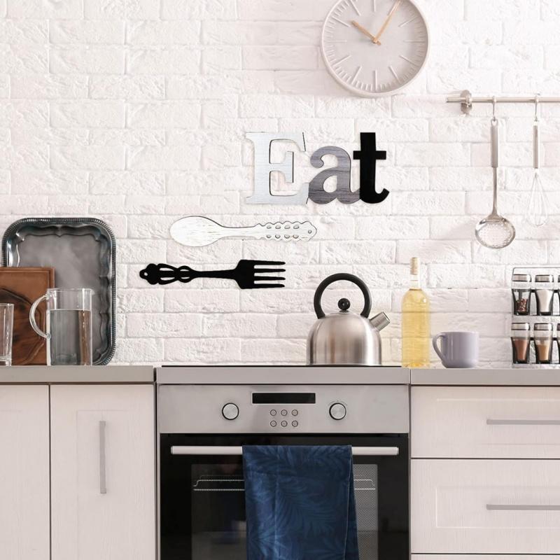 3Pcs Hanging Art Set - Eat Sign, Fork and Spoon Wall Decor for Kitchen and Home Decoration Room Wood