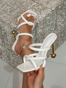 Women's Glossy Leather Cross-Wrap Chunky Strap Square Toe Open Toe Mules, Metal Ball Decor High Heel Fashionable Sandals