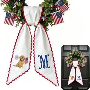 Patriotic Wreath Sash, 55"*4" Embroidered Lace Trim Ribbon, Reusable Wreath Tie Sash for 4th of July Memorial Day Front Door Home Decor