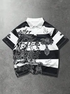 Men's Polo Shirt, Striped, Cross Design, Casual Short Sleeve, Loose Fit, All Seasons, Fashionable Streetwear