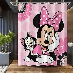DISNEY CLASSIC Minnie & Cat Cartoon Easter Shower Curtain, Pink Playful Bathroom Decor for Modern Homes, Machine Washable, Bathroom Accessory, Character Themed Curtain, Bathroom Decor And Accessories