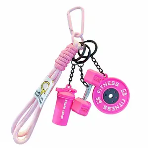 Fitness Keychain Set with 10KG Dumbbell 45 LB Weight Plate & Kettlebell Silicone Pendants Durable Nylon Lanyard for Men Women Fun Gym Accessories