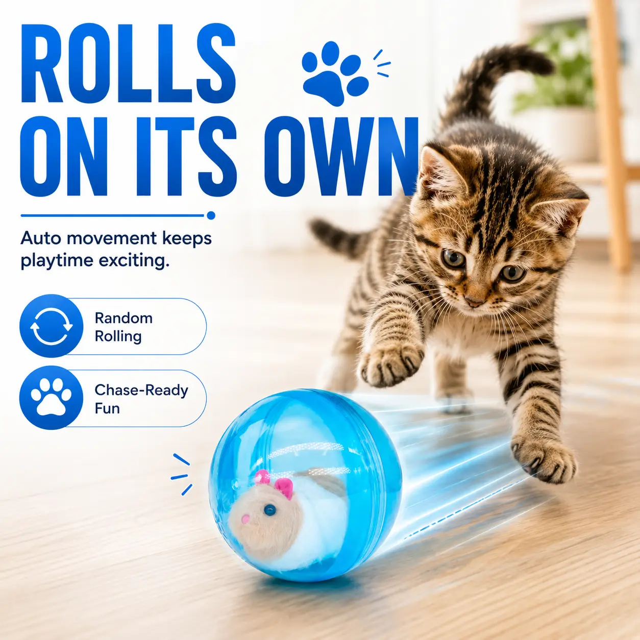 Boredom Buster Smart Cat Toy USB Rechargeable Auto-Rolling Ball with Mouse Hands-Free Play for Indoor Cats