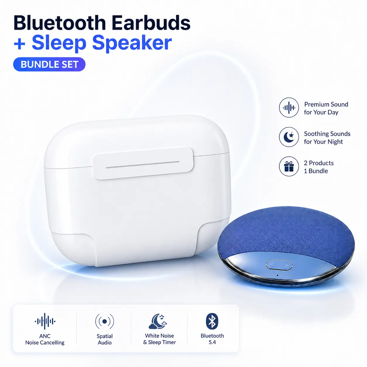 Wireless Bluetooth Earbuds with ANC Noise Cancelling, ENC Mic, Spatial Audio, Touch Control, Bluetooth 5.4, Wireless Charging + Ultra-Thin Under-Pillow White Noise Sleep Speaker Bundle with Sleep Timer, Private Sound, Earbuds Wireless