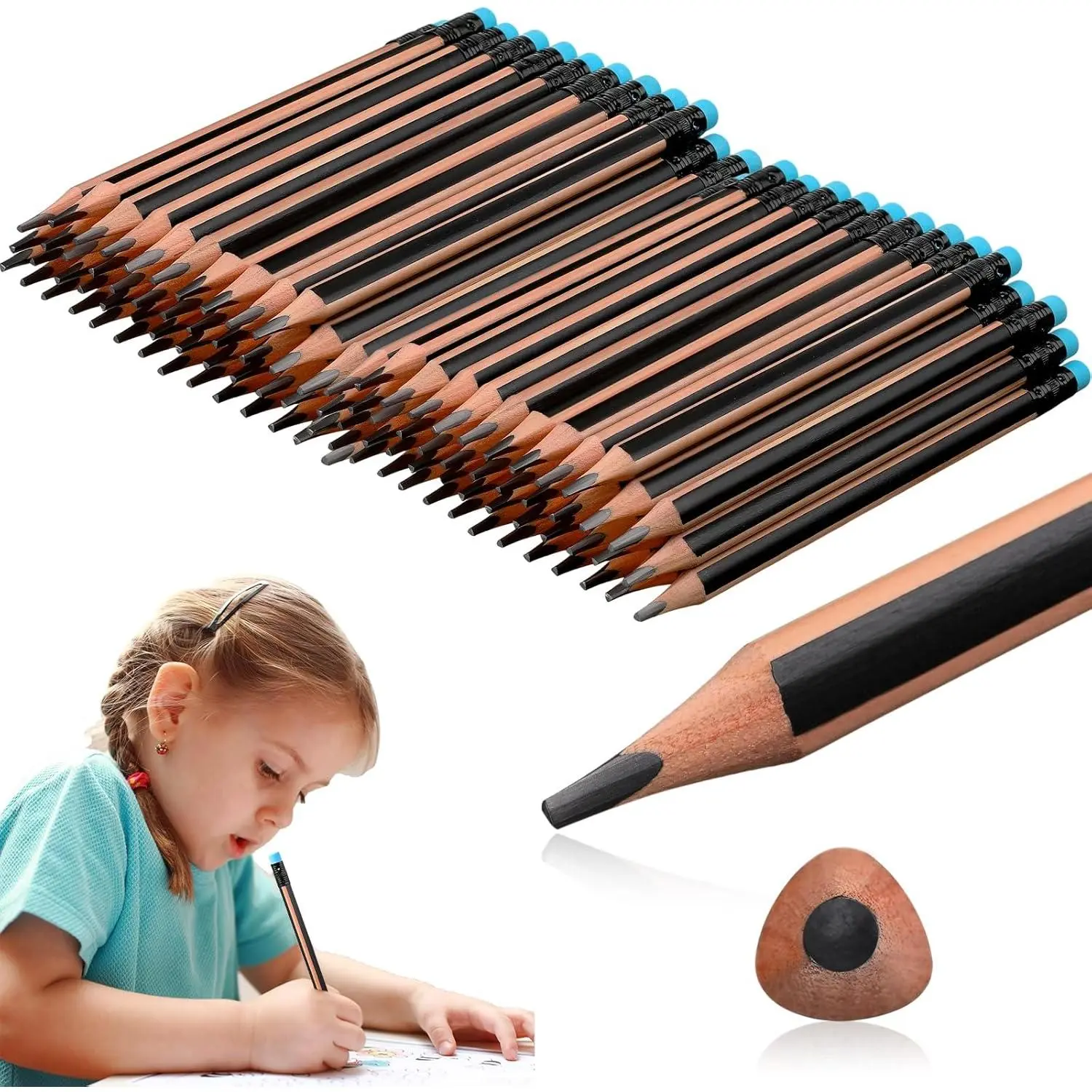 96 count 2b  Pencils, Big, , Thick, Triangular Grip 7 Inch Large Pencils Refill with Eraser for Beginners Office Christmas Gifts(Black)