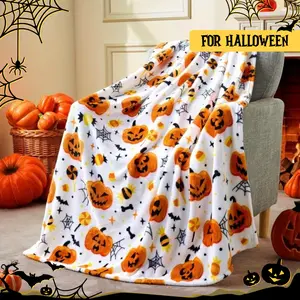 Soft Flannel Throw Blanket - Plush All-Season Cozy Bedspread with Orange/Black/White/Gray/Beige - Machine Washable for Couch, Bed, Sofa - Perfect Halloween, Birthday, Housewarming Gift - Spooky Pumpkin & Bat Design in Contemporary Style with Vibrant Jack-