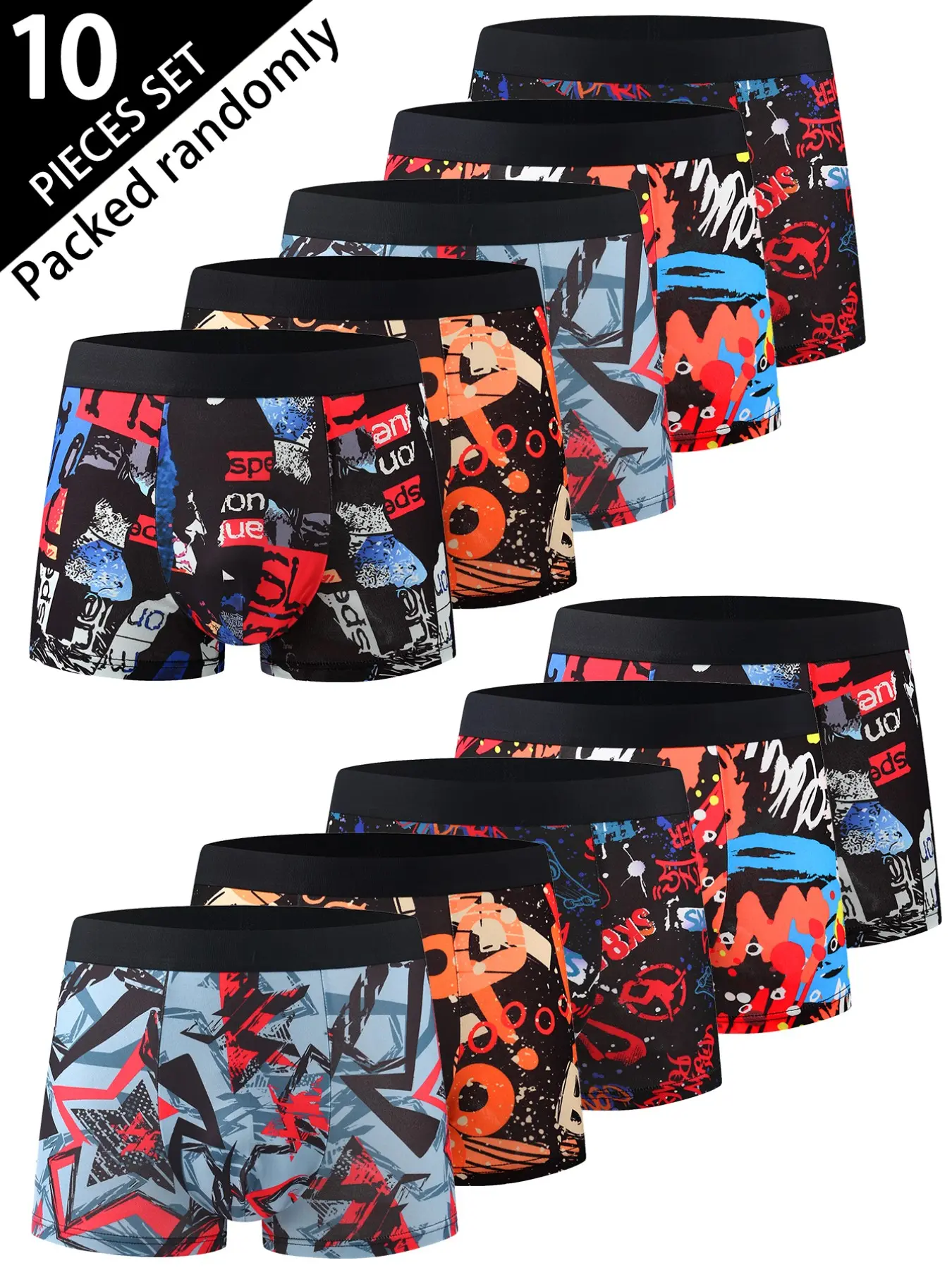 10-Pcs Set Men's Casual Boxer Briefs, Colorblock Graffiti Geometric Pattern, Soft Stretchy Elastic Thin Trunks, Sportswear Underwear, Trendy New Design