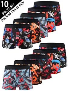 10-Pcs Men's Casual Boxer Briefs, Colorblock Graffiti Pattern, Soft Stretchy Thin Trunks, Sportswear Underwear, Trendy New Design